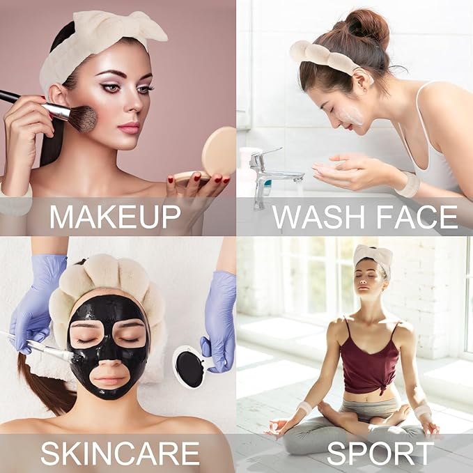 SuPoo 6pcs Khaki Spa Headband Set - Sponge Face and Makeup Headbands, Wristbands, Terry Cloth Hair Ties - Cute Puffy Skincare Gifts for Teens