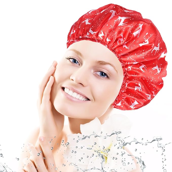 4 PCS Shower Cap for Women, Elastic and Reusable Bath Caps, Double Layers Shower Caps Reusable Waterproof, Bathing Shower Caps, Environmental Bath Hair Protection Cap - Chrismas Pattern