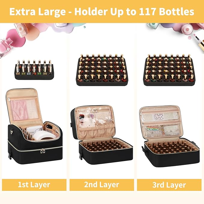 CUBETASTIC Portable Nail Polish Organizer Case Holds 117 Bottles - 3-Layer Nail Tech Kit with Storage Bag & Shoulder Strap, Extra Large Nail Supplies Travel Carrying Box