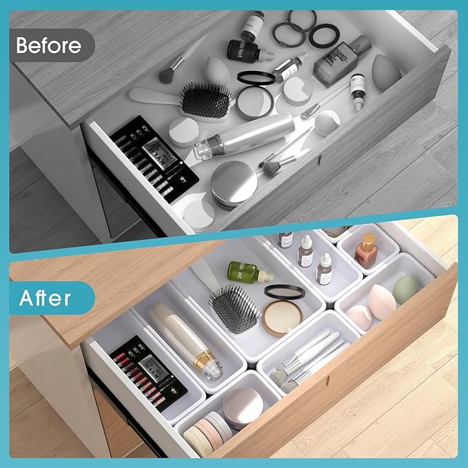 10 PCS Drawer Organizer Set, 4 Size Makeup Drawer Divider Organizer With Non-Slip Pads, Interlocking Plastic Storage Bins for Office,Jewelry Vanity,Gadgets, Bathroom,Kitchen, White