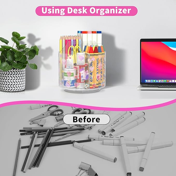 Wawocs Acrylic Pencil Organizer for Desk 4 Compartments with Adhesive DIY Sticker, Rotating Art Supply Organizer with Kawaii Sticker Kids, Spinning Round Marker Small Supply Caddy