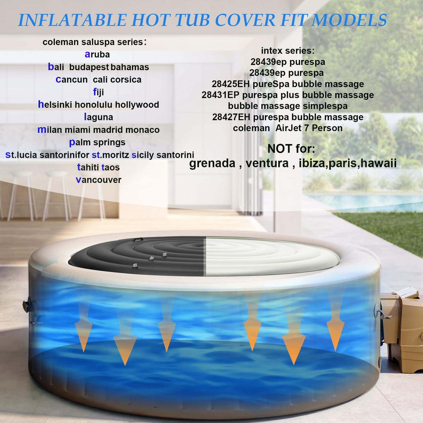 Inflatable Hot Tub Cover Round, Fits Saluspa Coleman Intex Cover, Thermal Insulated & Energy-Saving Weatherproof Protector, Unique Design Flexible Adjust Pool Cover Size Replacement-Life Time Support