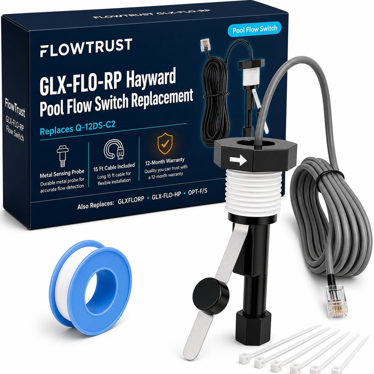 FlowTrust GLX-FLO-RP Flow Switch for Hayward Aqua Rite & Aquarite Salt Cell - Metal Sensing Pool Flow Sensor, 12 GPM, 15 ft Cable, Replaces Q-12DS-C2 & GLX-FLO-HP for Pro Logic, Aqua Logic, OmniLogic