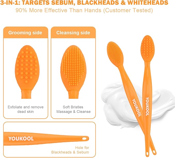 Pore Cleansing Silicone Facial Brush | Face Scrubber & Massager for Blackhead & Whitehead Removal, Sebum Reduction, Gentle Exfoliation & Clearer Skin | Suitable for All Skin Types,Orange,2pc