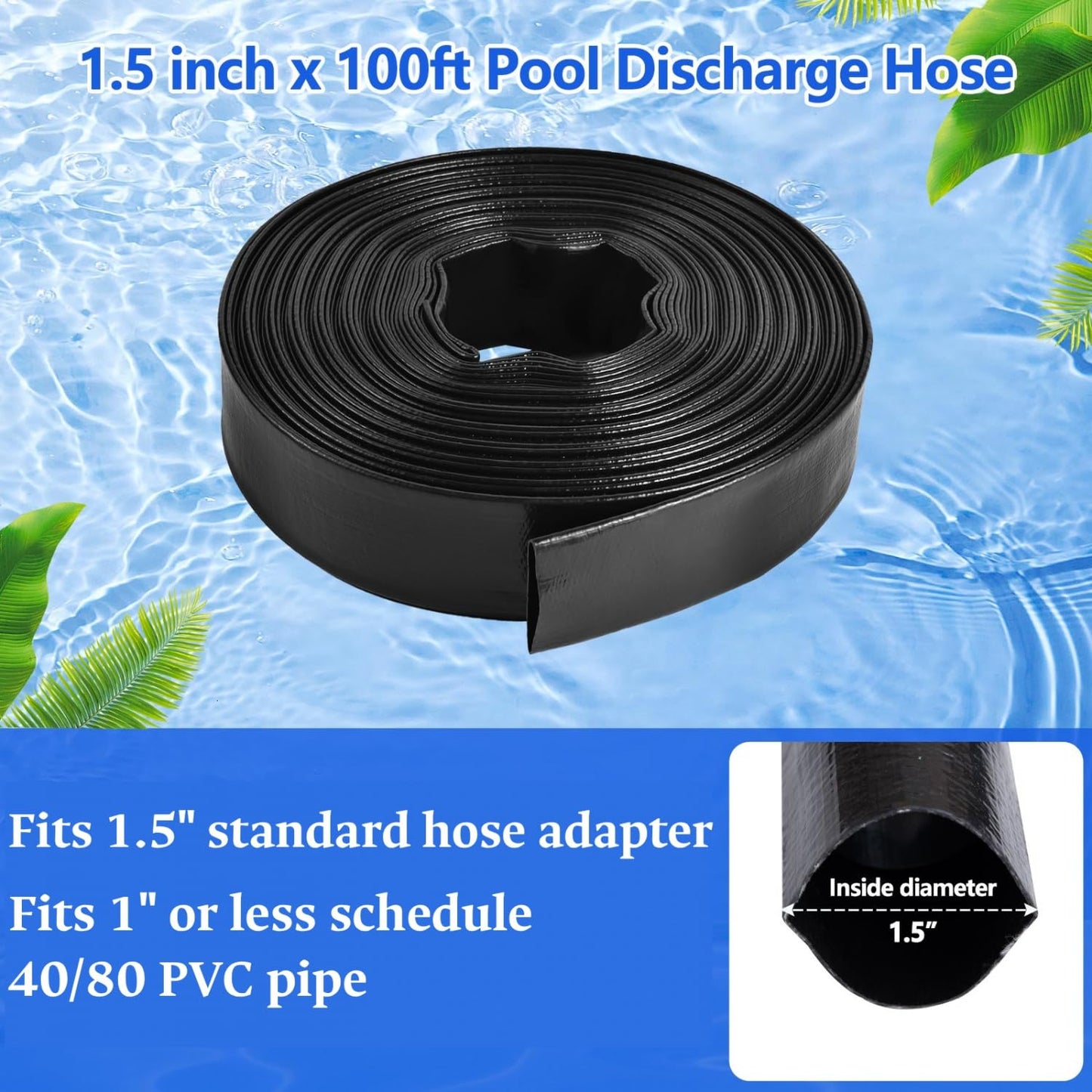Gonioa Pool Backwash Hose 1 1/2 Inch Diameter x 100 Feet - Heavy-Duty PVC Pool Drain Hose, Reinforced Discharge Hose with Clamp for Swimming Pools, Black