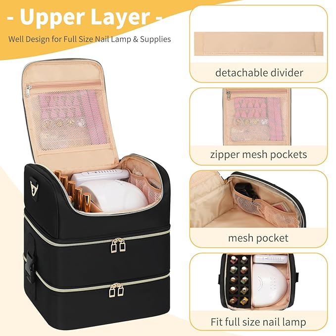 CUBETASTIC Extra Large Nail Polish Organizer - Three Layer Nail Organizers And Storage Bag, Portable Nail Supplies Organizer Case, Travel Carrying Box for Nail Tech Kit/Tattoo/Cosmetic