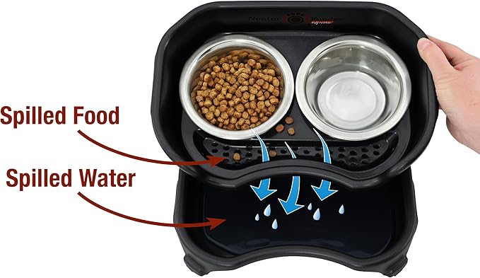 Neater Feeder Express Mess Proof Dog Bowls Elevated for Small Breed – Made in USA – No Spill Raised Slow Feeder Elevated Dog Bowl Stand, Stainless Steel Food and Water Bowl Set, Black