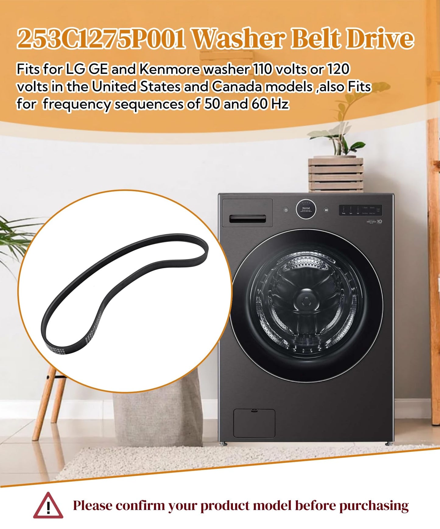253C1275P001 Washer Motor Drive Belt Fits For GE LG Kenmore Clothes Washer,Washing Machine Parts Replace EDR5P001X1(Polyv Belt 6:1)