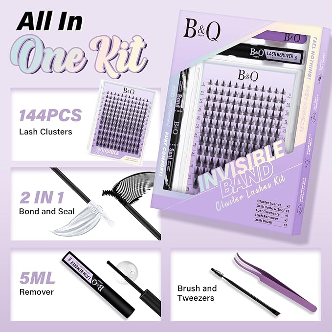 B&Q Fairy Max Lash Clusters Kit Natural Wispy Invisible Band Manga Individual Lashes Bond and Seal Eyelash Extension Kit Easy Removal (Kit-Fairy Max-8-18mm)