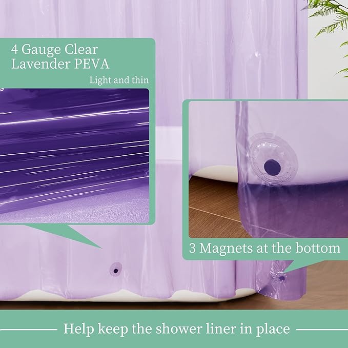 Mrs Awesome Clear Lavender Shower Curtain Liner with 3 Magnets, 72x72 Premium Flexible Sturdy Plastic Shower Curtain for Bathroom Lightweight & Waterproof, Clear Lavender