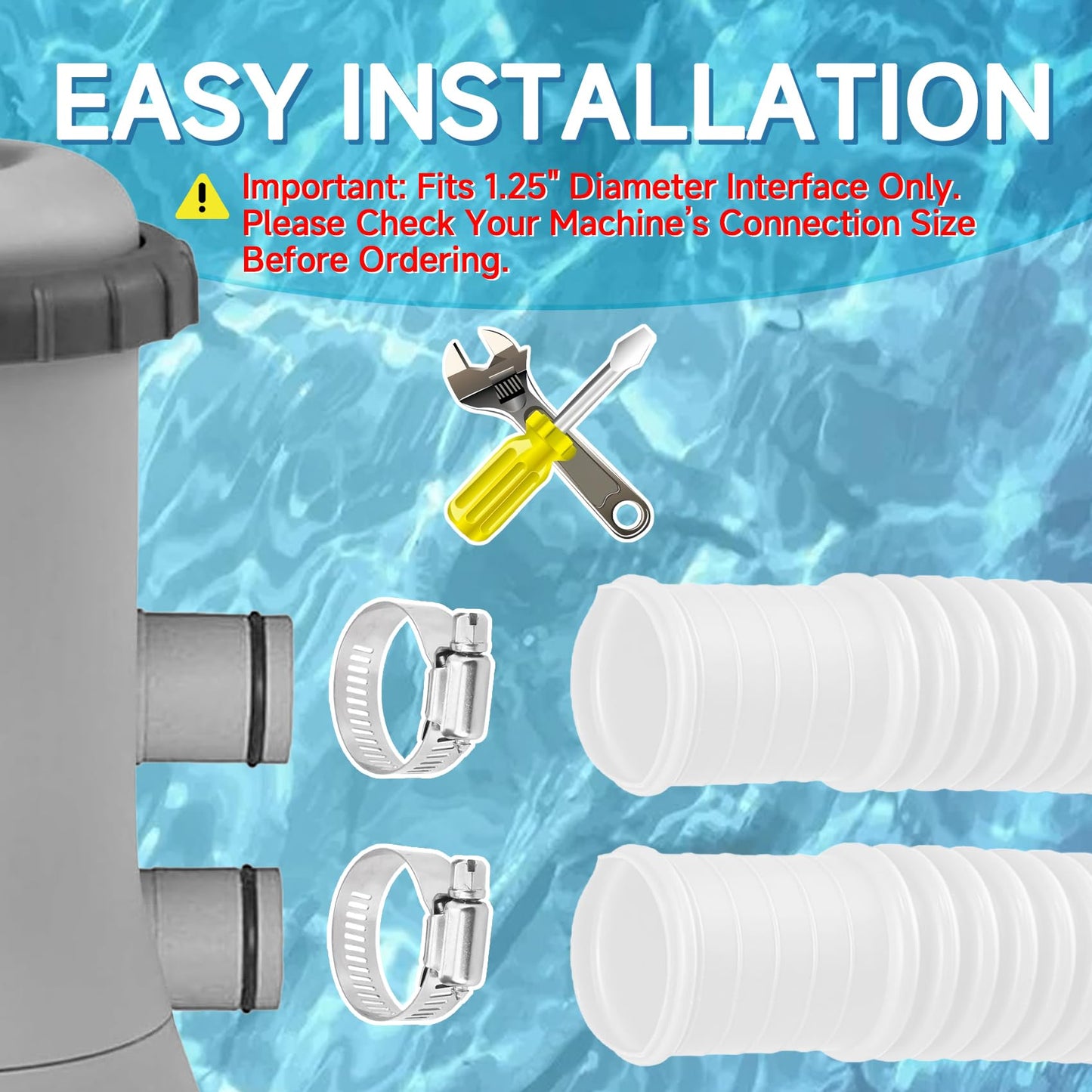 1.25" x 3ft Pool Hose for Above Ground Pools, 1-1/4" Flexible Pool Skimmer Hose Replacement Compatible with Intex, Coleman, Summer Waves, XtremepowerUS, Bestway, Sand Filter Pumps (White, 2 Pack)