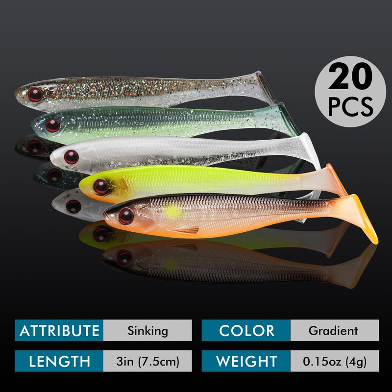 TRUSCEND 20PCS Soft Fishing Lures, Paddle Tail Swimbaits, Fishing Lures for Bass Trout Crappie Walleye, Durable Plastic Bait for Bass Fishing, Shad Fishing Bait for Freshwater Saltwater