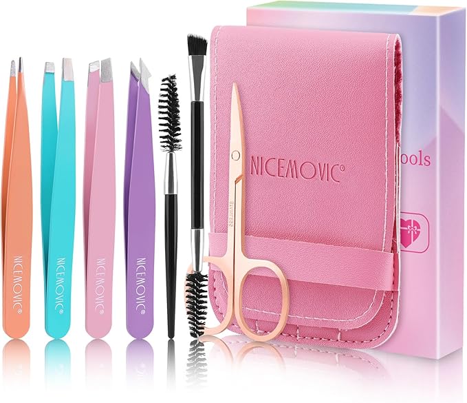 NICEMOVIC 7 Pcs Tweezers Set for Women Facial Hair, Tweezers for Eyebrows with Scissor & Brush, Easter Basket Stuffers for Women Teen Girls, Mother's Day Gifts, Stocking Stuffers Christmas Gifts