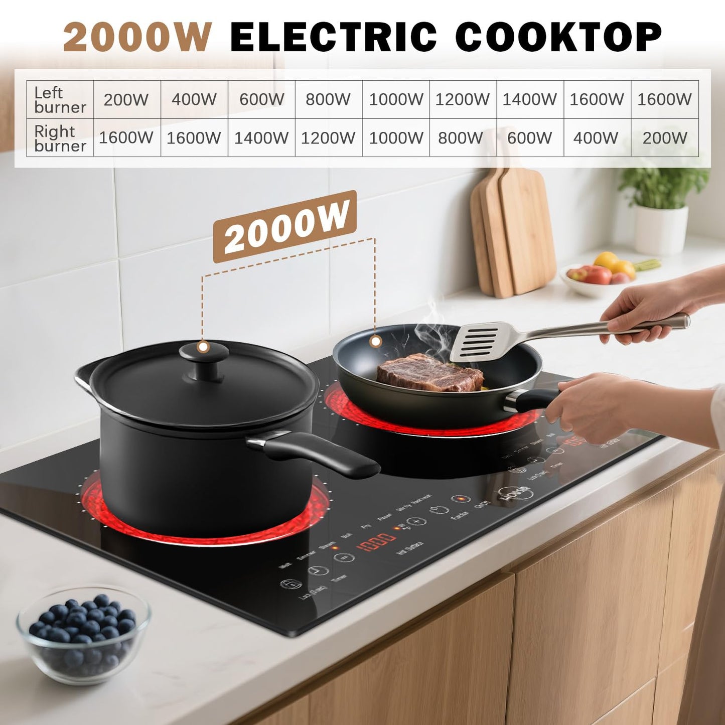 Hobsir 2 Burner Electric Cooktop 110V with Plug, Total 2000W Shared Power, Electric Stove Top with 8 Function & 8 Power, Two Burner Kitchen Cooktop with Timer & Child Safety Lock, for RV Camping