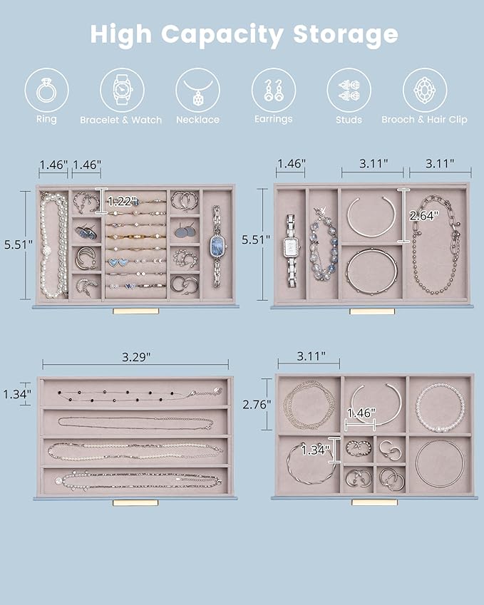 Lolalet Jewelry Box Organizer, 4-Layer Jewelry Organizers and Storage Case with Glass Lid, Ring Earring Bracelet Necklace Holder Organizer, Birthday Valentine Gifts for Women Girls -4Layer, HazeBlue