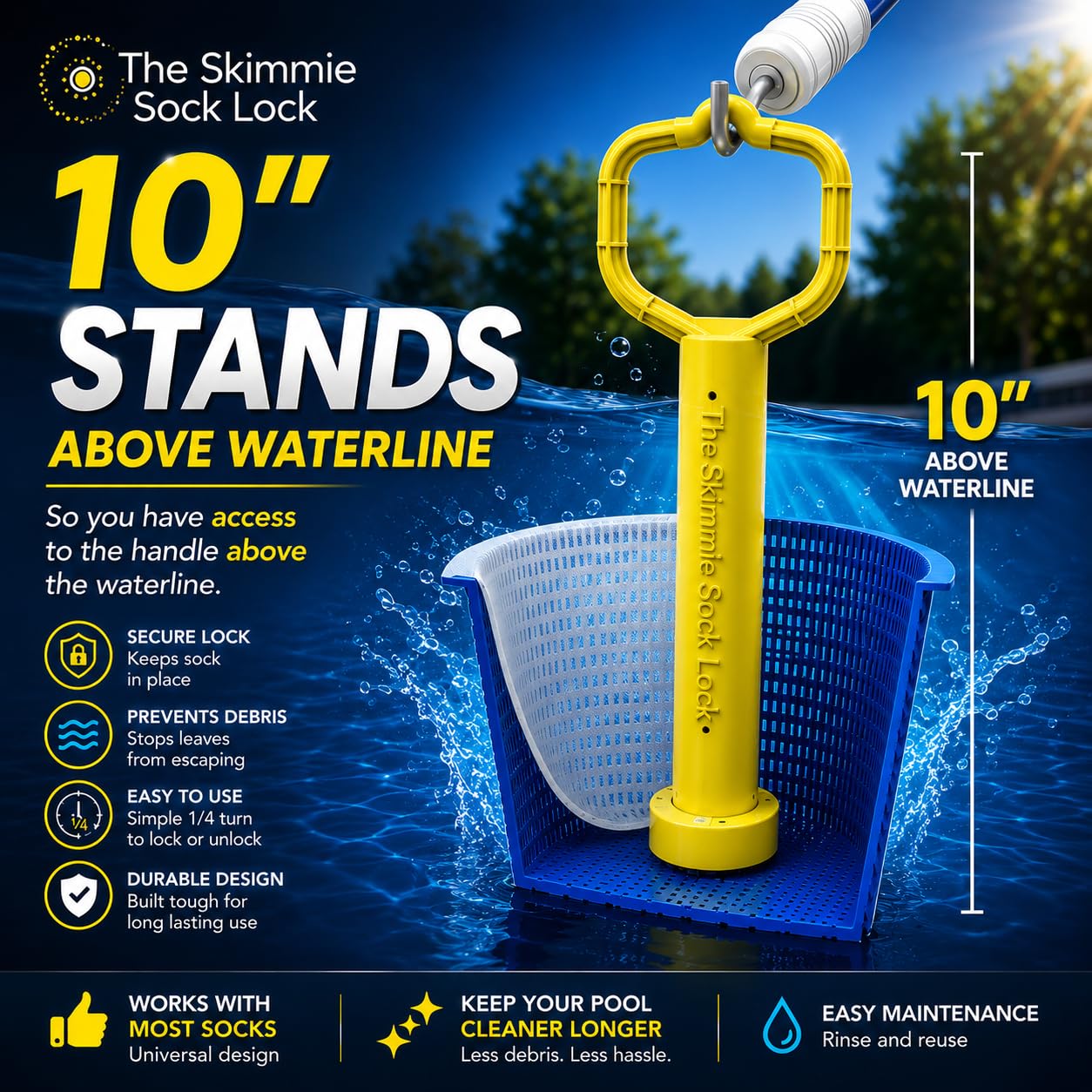 Skimmie Sock Lock - Ultimate Pool Cleaning Convenience: Removable Handle for Skimmer Socks Keeps Debris in, Even When Pump's Off