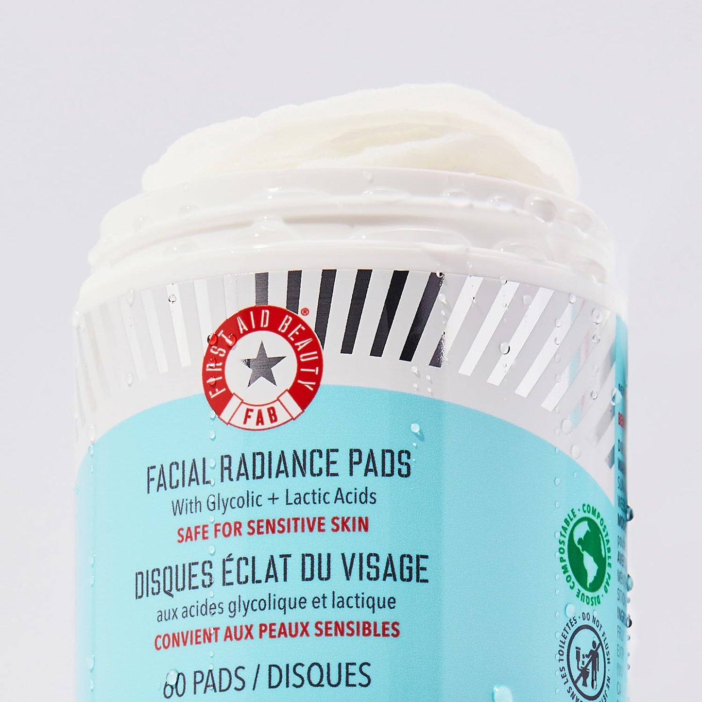 First Aid Beauty - Facial Radiance Pads with Glycolic & Lactic Acids, Daily Exfoliating Pads with AHA, Visibly Smaller Pores, Help Tone & Brighten Skin, One-Step Makeup Prep, Compostable, 60