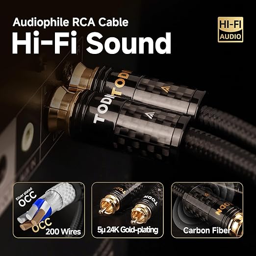 TODN Audiophile RCA Cables with Silver-Plated-OCC Core Dual Shielded HiFi RCA Audio Cable Male to Male for Home Stereo System (1.64 ft/0.5m, 1 Pair)