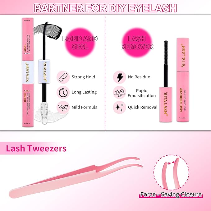 Lash Clusters Kit DIY Lash Extension Kit Cluster Lashes Kit+Bottom Lashes+Spikes Eyelash Extensions with Lash Bond and Seal,Lash Remover,Tweezers RITALASH(30D 50D 60D 80D+Bottom Lashes+Spike Lash Kit)