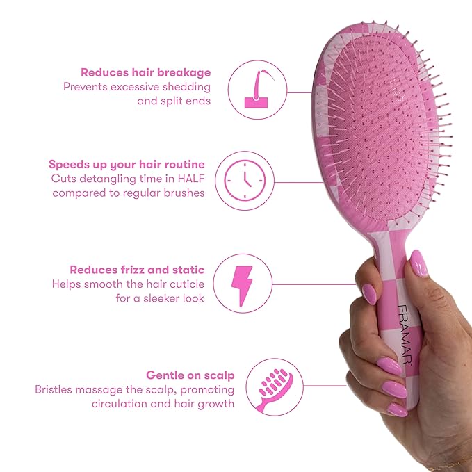 FRAMAR Checkered Hair Brush Detangler – Wet Hair Brushes For Women, Womens Hair Brush, Hair Accessories, Hairbrush For Women, Cepillos Para Cabello, Reduces Breakage – Detangle Brush - Pink