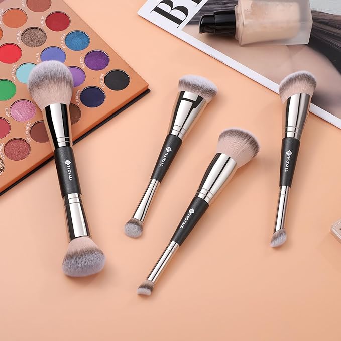 TEOYALL Dual-Ended Foundation Under Eye Concealer Brush, Curved Angled Contour Synthetic Bristles for Liquid Cream Powder