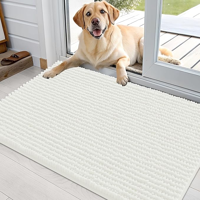 OLANLY Dog Door Mat for Muddy Paws 36x24, Ultra Absorbent Chenille Mud Doormat, Non-Slip Washable and Dirt Trapping Doormat for Indoor Entryway, Quick-Dry Indoor Pet Bed Mats for Dogs, Ivory