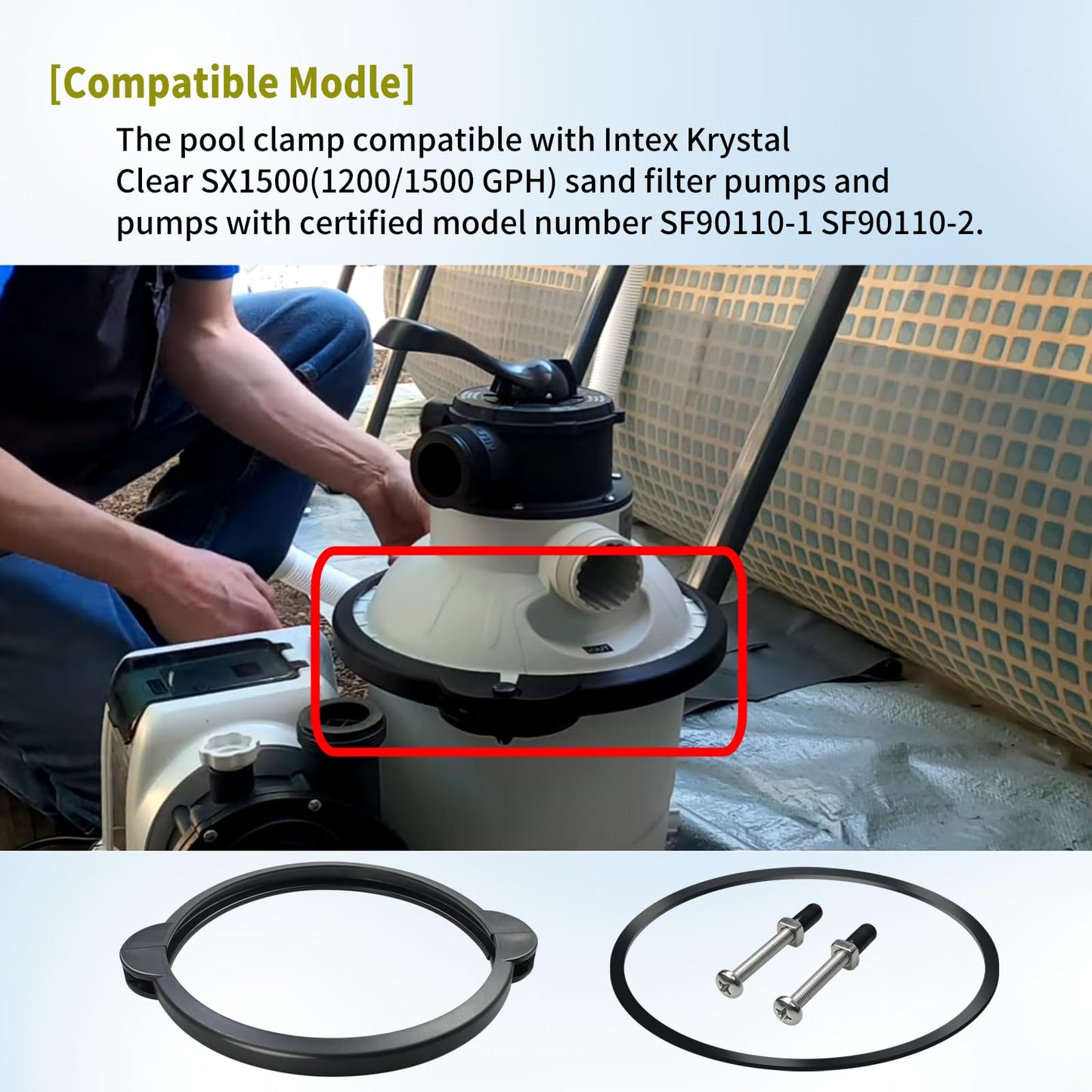 11722 Sand Filter Clamp with Screw+O-Ring Compatible with Intex 10"(DN) Sand Filter Tank, Flange Clamp Compatible with Krystal Clear SF90110-1 SF90110-2 SX1500 Sand Filter Pump for Above Ground Pool