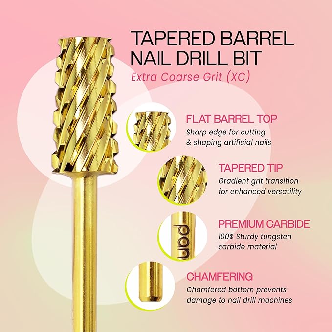 PANA Tapered Barrel Carbide 3/32" Shank Size - (Gold, Extra Coarse Grit) - Fast remove Acrylic or Hard Gel Nail Drill Bit for Manicure Pedicure Salon Professional or Beginner