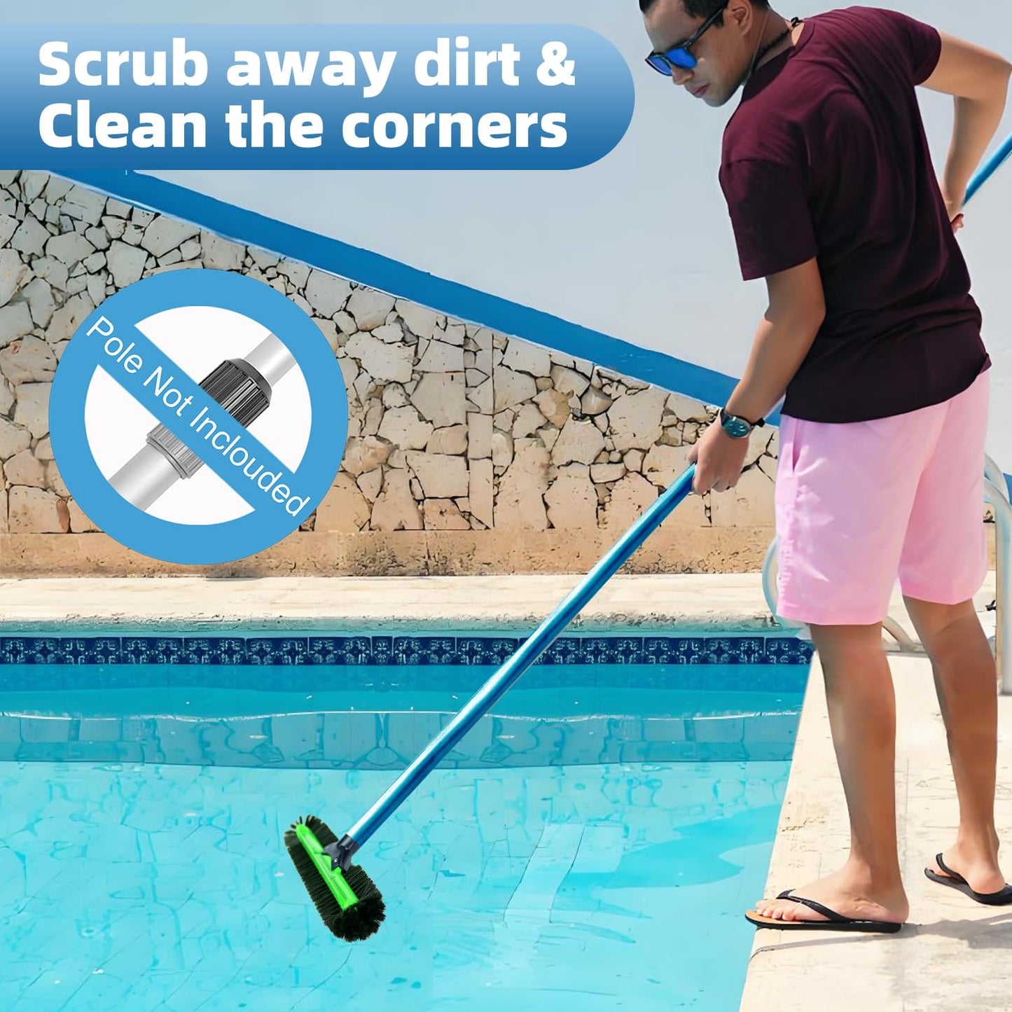 KGC 20" Wide Pool Brush Head, Heavy Duty Pool Scrub Brush with 12-Rows Soft Bristles, Inground/Above Ground Pool with Curved Ends, Clean Pool Wall, Floor, Step, Corner Faster, Safe for Vinyl Liner