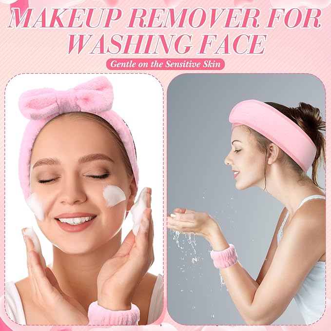 16 Pcs Skin Care Headband Set 2 Spa Headband 1 Plush Sleep Eye Mask 4 Skin Care Wristbands 5 Velvet Scrunchies 1 Claw Clip 2 Bangs Clip 1 Cosmetic Bag for Valentine Galentine Spa Gift(Pink)