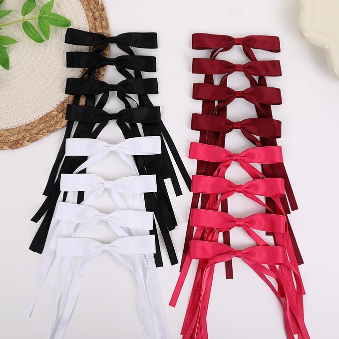 Hair Bows Clips Coquette Ribbon Bowknot with Long Tail Princess Hair Bows French Barrettes Hair Accessories for Women Girls 16PCS (Wine Red, Rose red, White, Black)