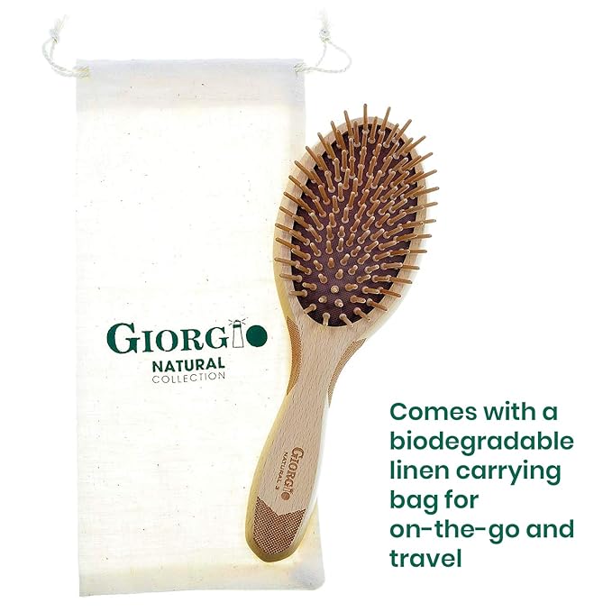 Giorgio Eco Friendly Wooden Bristle Hairbrush - Large Detangling Brush and Hair Growth Brush for Thick or Long Hair - Oval Paddle Hair Brush Made with Anti Static Beechwood, Silicone Massage Cushion