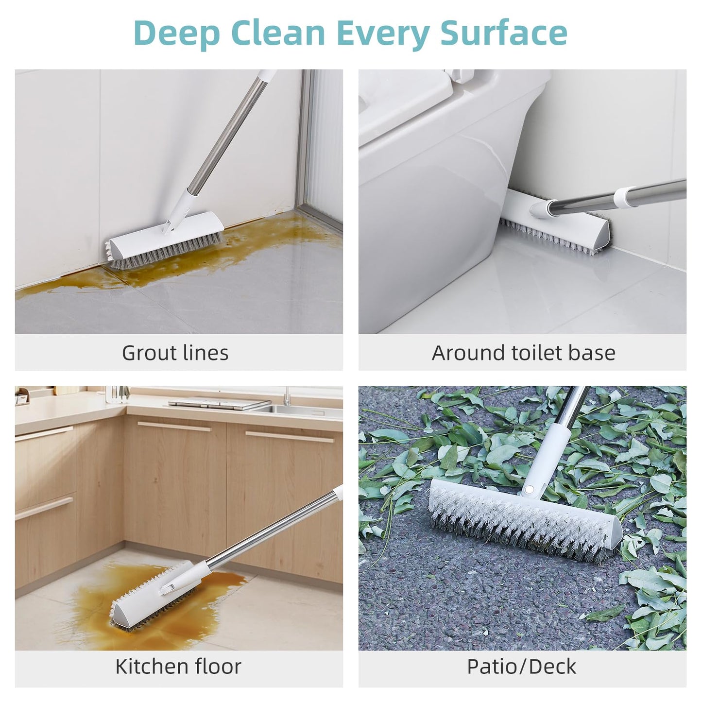 MOPALL Floor Scrub Brush with Long Handle 55", Dual-Sided Stiff Bristle Grout Brush with 180° Rotatable V-Shape Head, Heavy Duty Shower Cleaning for Bathroom Tile, Patio, Deck, Garage, Pool & Corner