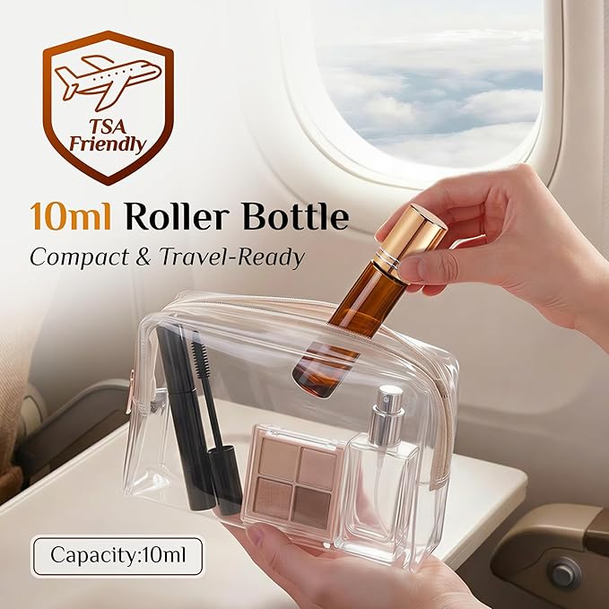 PrettyCare 12 Pack, 10 ml Essential Oil Roller Bottles with Stainless Steel Roller Ball - Refillable Leak-proof Empty Thick Amber Glass Roll on Bottles with Metal Caps for Travel, Perfume