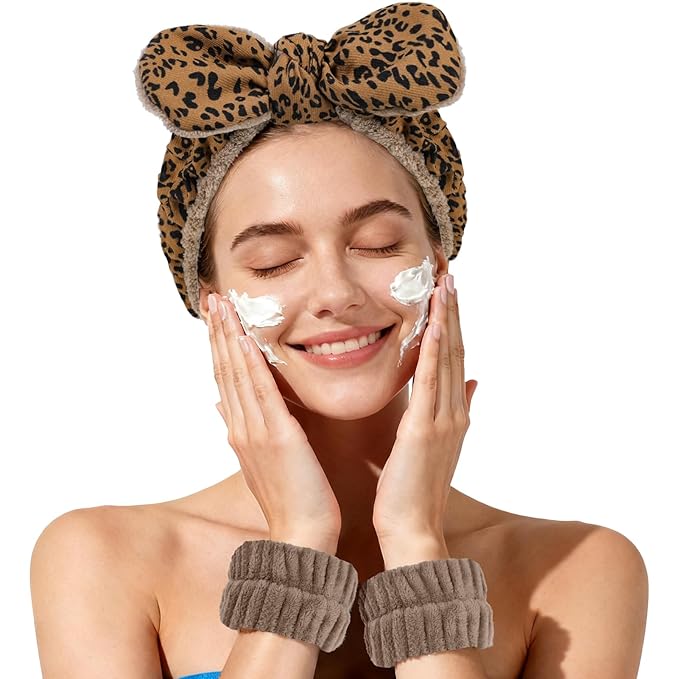 Fmeida Headbands for Women's Hair - Soft Skincare Facial Headband - Spa Headband and Wrist Bands for Washing Face, Brown Leopard, 3 Pack