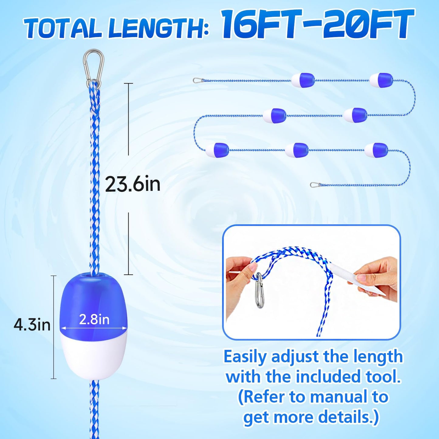 16ft -20ft Adjustable Pool Safety Rope with Floats, Floating Pool Divider- Sturdy, Effective Visibility, Easy to Install - Floating Barrier for Inground Swimming Pools Separating Depth