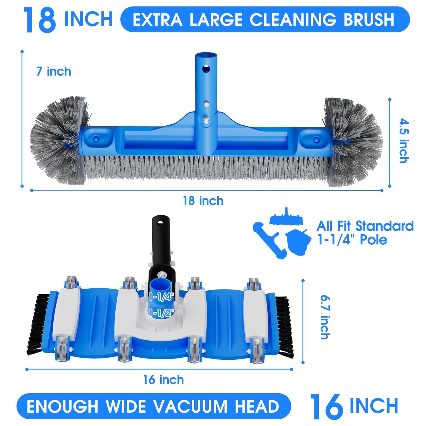 TidyMister 3-in-1 Pool Cleaning Kit Full Set - 18in Rounded End Pool Brush & Ergonomic Pool Vacuum Head with Wheels& Pool Nylon Net Fine Mesh for Above Ground In-ground Pools, Spas, Hot Tubs