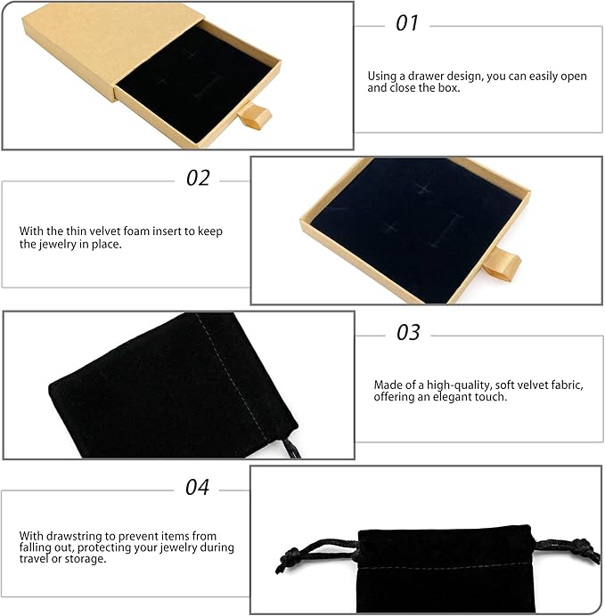 Small Jewelry Gift Box and Velvet Bag, Necklace Bracelet Earring Cardboard Organizer Square Jewellery Gift Box Pendent Storage Case for Birthday Xmas Christmas Wrapping (Light Brown)