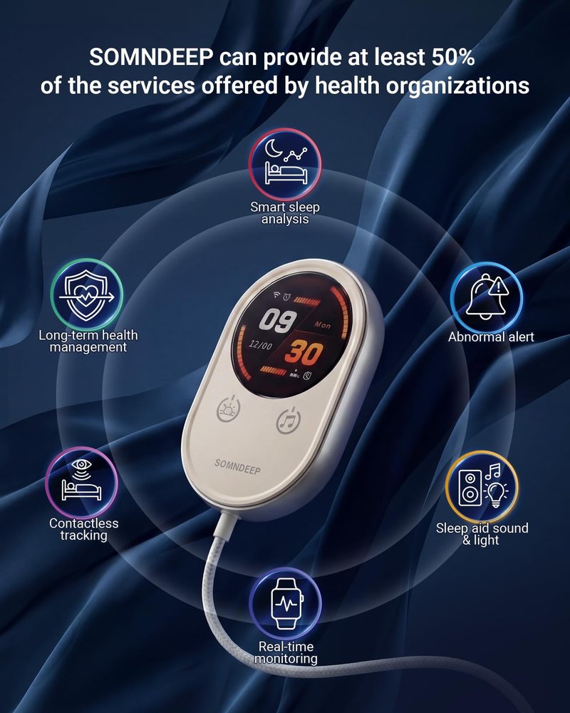 SOMNDEEP Contactless Health Monitor, Bedside Heart Rate & Breathing Monitor, Millimeter-Wave Radar, Precise Data, Medication Tracking, APP Sharing for Seniors or Patients with Chronic Diseases at Home