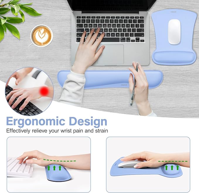 MOSISO Wrist Rest Support for Mouse Pad & Keyboard Set, Ergonomic Mousepad Non-Slip Base Home/Office Pain Relief & Easy Typing Cushion with Neoprene Cloth & Raised Memory Foam, Air Blue