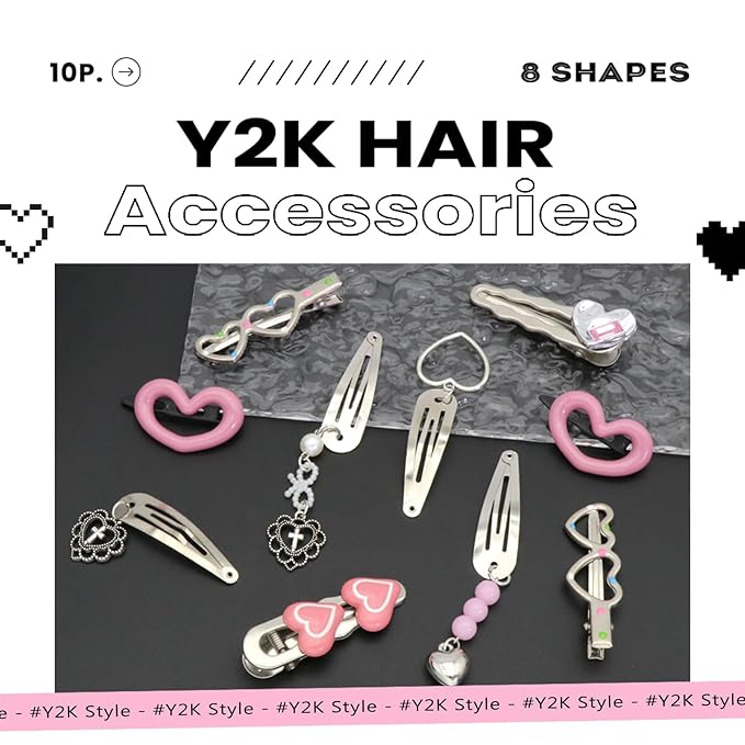10PCS Heart Hair Clips Y2K Silver Hair Clips Metal Dangle Heart Gothic Barrettes 8 Shapes Cross Punk Hair Accessories for Women