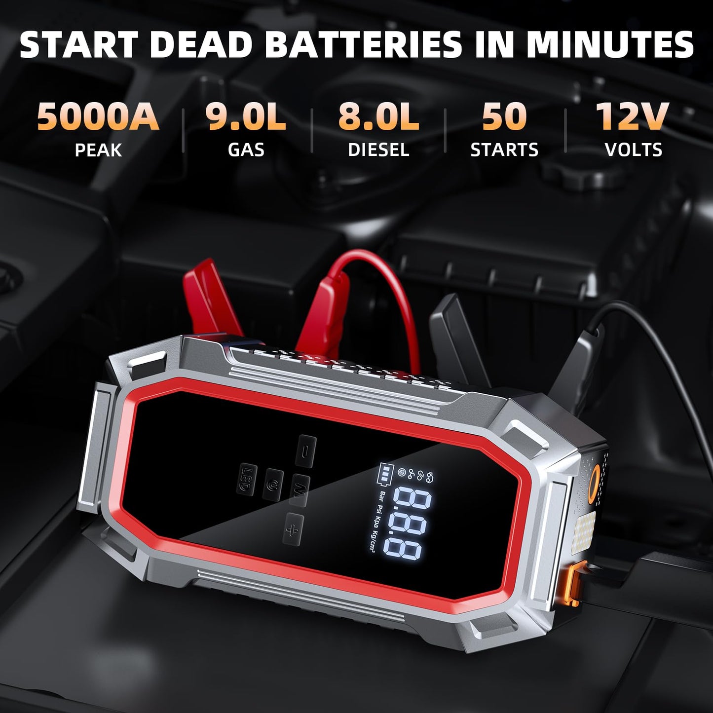 Jump Starter with Air Compressor, 5000A Peak Car Battery Jump Starter(9.0 Gas/8.0L Diesel), 160PSI 12V Jump Box Car Battery Jumper Starter Portable with Smart Jumper Cables, LED Lights, LCD Display