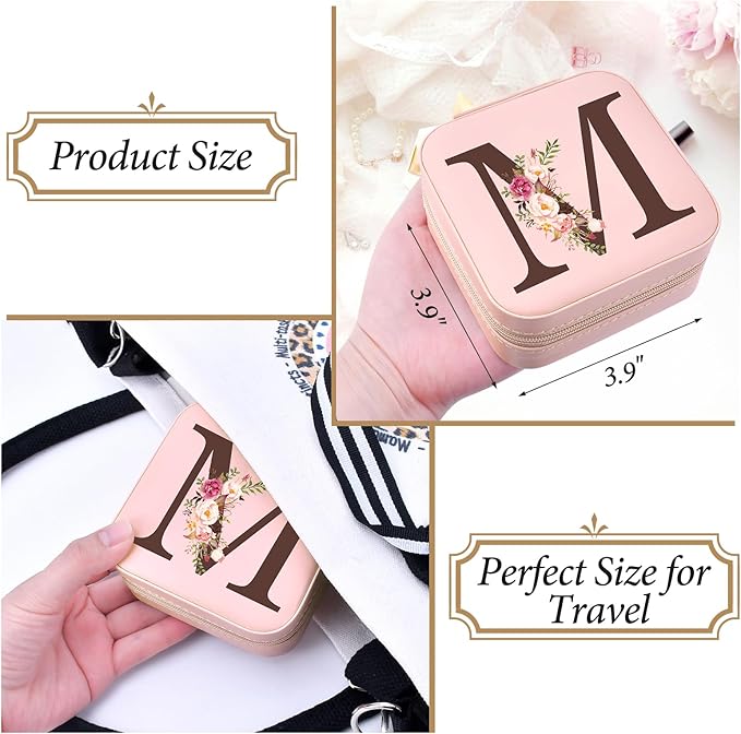 Personalized Birthday Gifts for Women, Christmas Gifts for Mom Teacher,Sisters Gifts from Sister, Travel Jewelry Case Box Organizer for Wife Daughter Aunt Friend Grandma, Initial M
