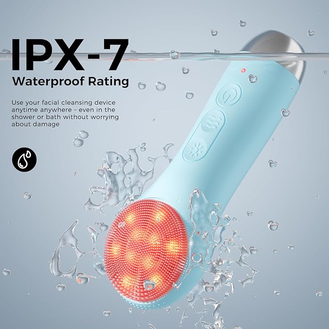 Face Scrubber Facial Cleansing Brush - Waterproof and Rechargeable Face Cleansing Brush with 4 LED Gentle Light, Cleansing, Exfoliating and Massaging, Electric Face Scrub Brush for Men & Women (Blue)