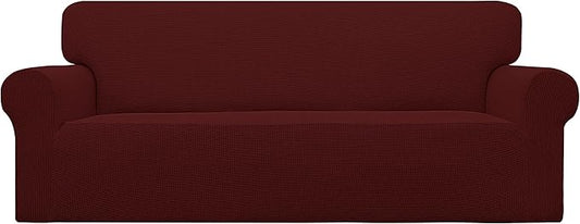 Easy-Going Stretch Sofa Slipcover 1-Piece Sofa Cover Furniture Protector Couch Soft with Elastic Bottom for Kids, Polyester Spandex Jacquard Fabric Small Checks (Sofa, Wine)