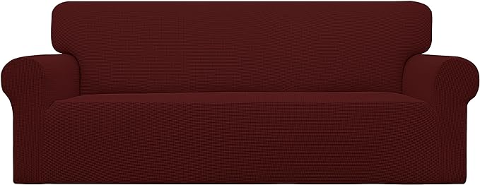 Easy-Going Stretch Oversized Sofa Slipcover 1-Piece Sofa Cover Furniture Protector Couch Soft with Elastic Bottom for Kids, Polyester Spandex Jacquard Fabric Small Checks Wine