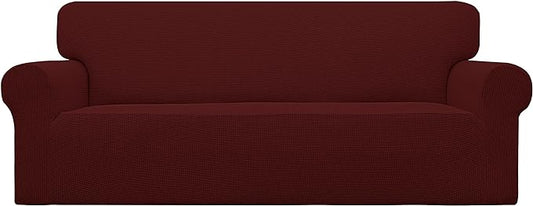Easy-Going Stretch Oversized Sofa Slipcover 1-Piece Sofa Cover Furniture Protector Couch Soft with Elastic Bottom for Kids, Polyester Spandex Jacquard Fabric Small Checks Wine