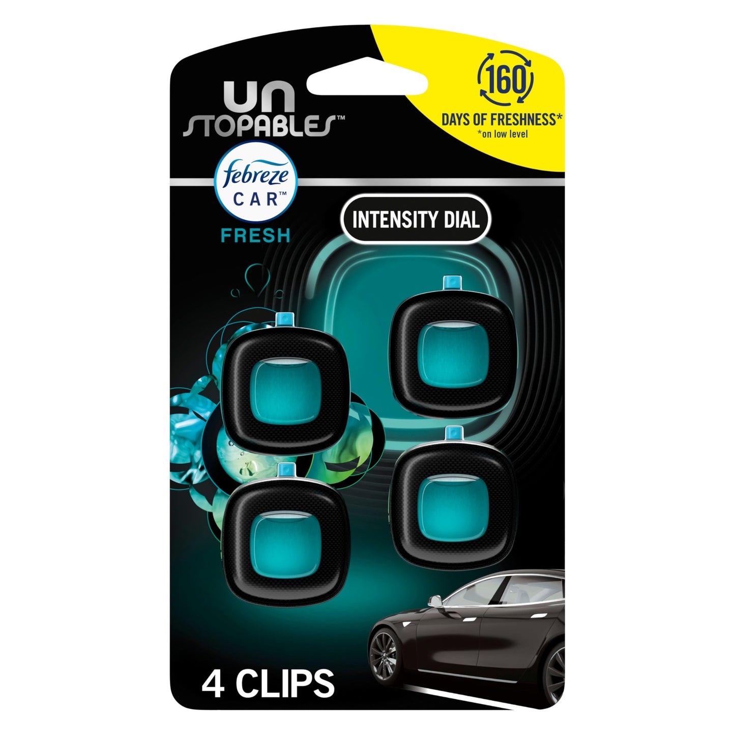 Febreze Car Air Freshener, Odor-Fighting Automotive Vent Clip, Scented Car Accessories, Long Lasting for Strong Odors, Unstopables Fresh Scent, .07 fl oz, 4 Count
