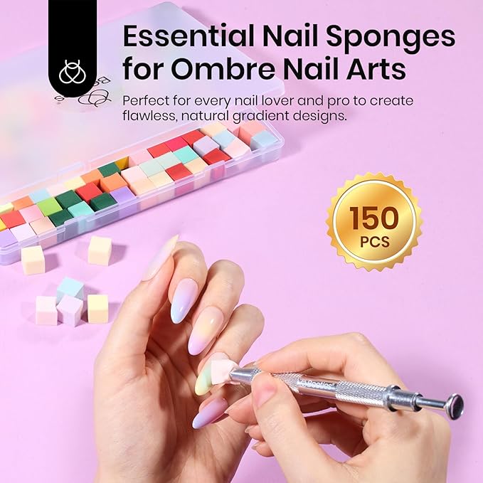 Beetles 150Pcs Soft Nail Sponges for Ombre, Colorful Nail Sponge with Grabbing Pen, Blooming Nails Art Brushes, Gradient Manicure DIY Tools, Professional Accessories Supplies for Home and Salon Use