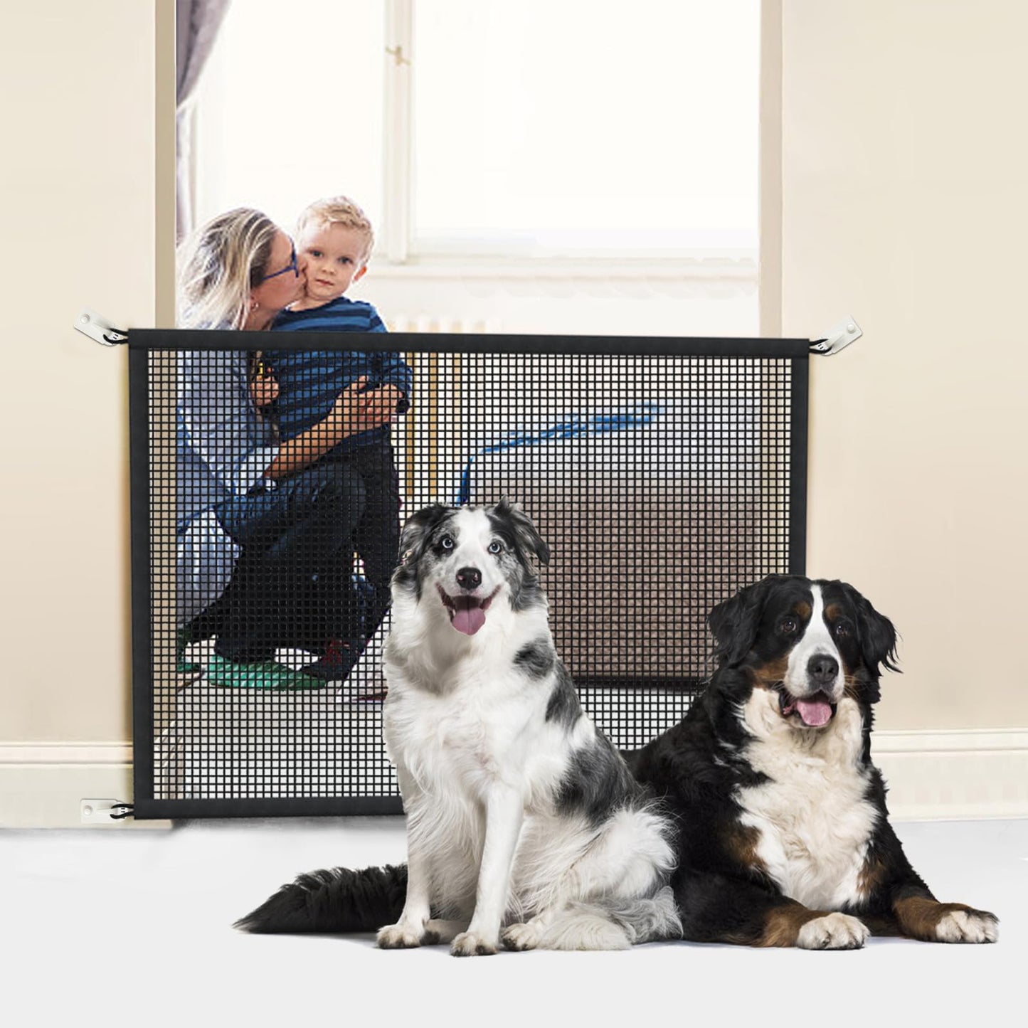 Dog Gate for Stairs Pet Gates for The House: Dogs Screen Mesh Gate for Doorways Stairways Indoor 29 inch Tall, 50 inch Wide Fits 44-47 inch Openings